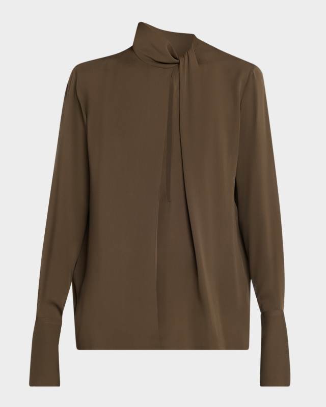 Twisted-Neck Silk Long-Sleeve Shirt